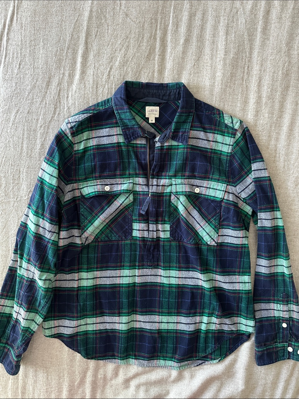 J. Crew NWOT Navy & Green Flannel 3/4 zip Pullover Shirt 💯% cotton